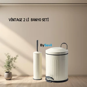 Bysevil Vintage 2 Li Çöp Kovası Çöp Kutusu Banyo Seti Çizgili Model 5 Litre ve Wc Fırçası Seti Krem