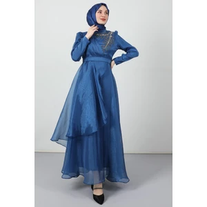 Taşlı Organze Abiye Indigo
