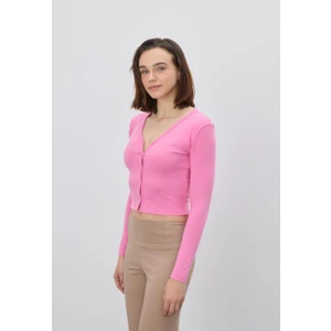 Kadın Düğmeli V Yaka Pembe Crop Hırka