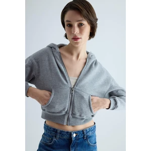 Kadın Gri Kapüşonlu Şardonlu Crop Sweatshirt