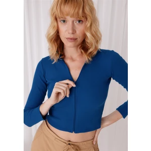 Kadın Sax Renk Yarım Balıkçı Crop Hırka