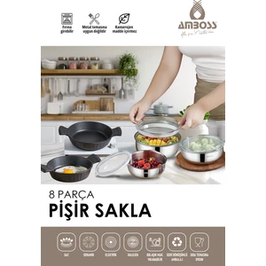 8 Parça Pişir Sakla Sahan & Paslanmaz Çelik Saklama Kabı