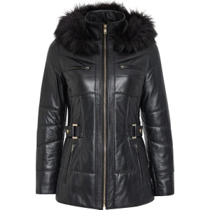 Alexandra Kadın Siyah Kapüşonlu Kürklü Deri Kaban 24WGE52851M