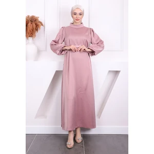 Gül Kurusu Hakim Yaka Balon Kol Saten Abiye Elbise