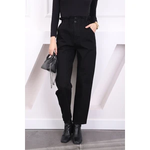 Siyah Bel Lastikli Mom Jeans Pantolon