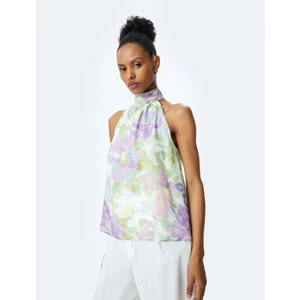 Halter Yaka Çiçekli Şifon Bluz