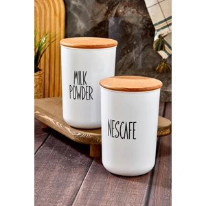 2'li Ahşap Vakum Kapaklı Transfer Etiketli Nescafe/milk Powder Akrilik Kavanoz 900ML