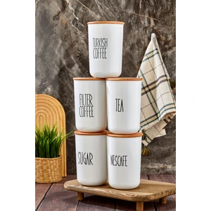 5'li Ahşap Vakum Kapaklı Transfer Etiketli Coffe Grubu/tea/sugar Akrilik Kavanoz 900ML Saklama Kabı