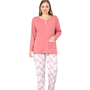 Büyük Beden Desenli Pamuk Kadın Pijama Takımı (Pudra)