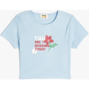 Çiçek Baskılı Kısa Kollu Bisiklet Yaka Pamuklu Tişört