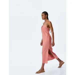 Büzgü Detaylı Boncuklu Ince Askılı Uzun Keten Elbise