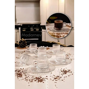 Madamev 12 Parça Cam Kahve Fincan Seti Origami Çizgili Desen Nescafe Fincanı Cam Tabaklı Çay Takımı 125cc