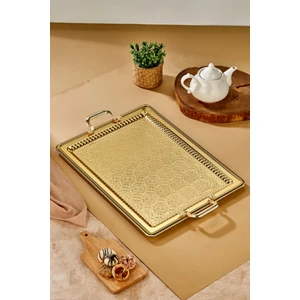 Battal Boy Gold Renk Metal Servis Tepsisi - Gold Kulplu Şık Tasarım