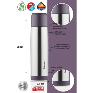 750 ml Çift Kat Paslanmaz Çelik Termos (Okul, Ofis, Kamp, Piknik, Outdoor, Kafe, Otel) - 304 Kalite, Uzun Süre Sıcak ve Soğuk Tutma