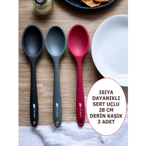 Sert Uçlu Isıya Dayanıklı Yanmaz Yapışmaz Silikon 28 cm Kaşık Seti 3 Adet