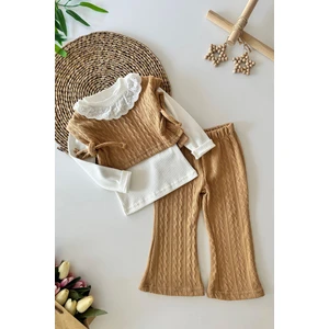 Miniğimin Cicileri Triko Cepkenli Kız Çocuk 3 lü takım - Kahve