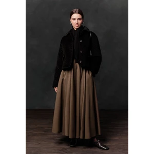 Deri Detaylı Geniş Etek Haki