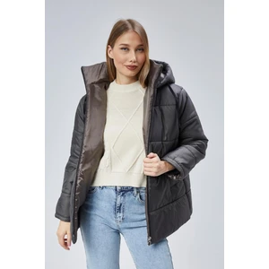 Kadın Oversize Model Kapüşonlu Şişme Mont - Gri