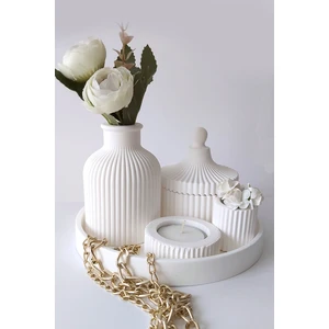 Arzu Ak Minimal Beyaz Beton Dekoratif Set. Vazo, Sunum Tepsisi, Kapaklı Kutu, Mini Mumluk ve Mini Çiçeklik