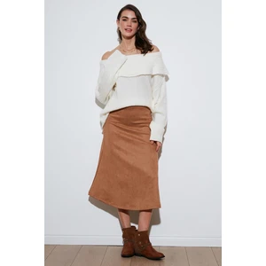Streç Regular Fit Yüksek Bel Midi Boy Süet Çan Etek Bayan Etek 5866180