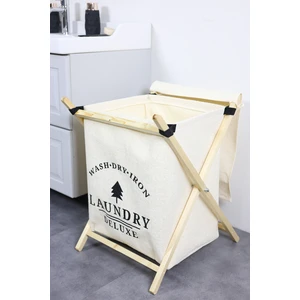 Rope Home Laundry Baskılı Kapaklı Ahşap Destekli Kare Kıyafet Kirli Çamaşır Sepeti  40  x  30  x  50