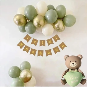 Bkmc Party Yeşil Kalpli Oturan Ayı Folyo Balonlu Doğum Günü Parti Seti Süsü