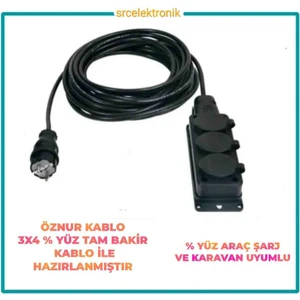 Öznur Kablo 3 Lü Monofaze Arac Şarjı Için (9 Ile 20 Metre) Arasi 3x4 Ttr Tam Bakir Uzatma Seyyar Kablo