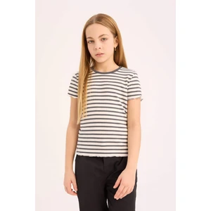 Kız Çocuk Slim Fit Dar Kesim Bisiklet Yaka Çizgili Fitilli Kaşkorse Kısa Kollu Tişört B6692A825SM