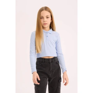 Kız Çocuk Polo Yaka Ribana Uzun Kollu Basic Düz Tişört