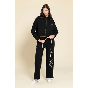 For You Moda 2'li Fermuarlı Newyork Nakışlı Siyah Eşofman Takımı