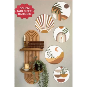Wooden Factory Semplice Duvar Rafı ve Dekoratif Oval 5 Parça Tablo Seti