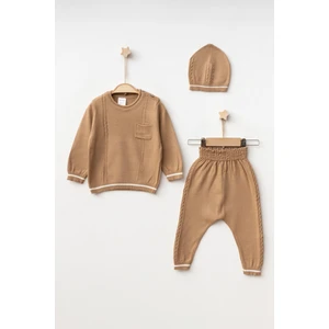 Cepli Örgü Şeritli Şapkalı Triko Takım 4034