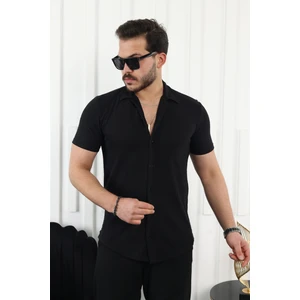 Kendinden Desenli Kısa Kol Keten Gömlek