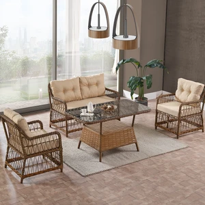 Breda Rattan Örgü Bahçe Balkon Takımı 2+1+1 Cam Masalı Kahve