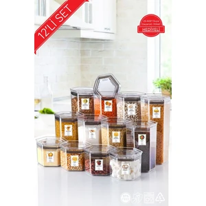 Nandy Home 12'li Set Set Etiketli, Silikon Contalı Altıgen Erzak Saklama Kabı Seti