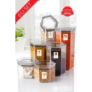 Nandy Home 6'lı Set Etiketli, Silikon Contalı Altıgen Erzak Saklama Kabı Seti