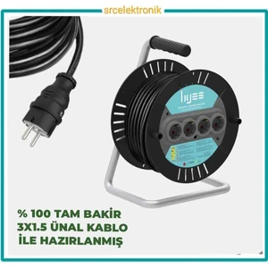 Ünal Kablo 4 Lü Makarali (10 Ile 25 Metre) Arası 3x1.5  Yüzde Yüz Tam Bakir Ünal Kablolu Seyyar Uzatma .