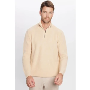 Erkek Slim Fit Dar Kesim Fermuarlı Bej Dik Yaka Triko Kazak