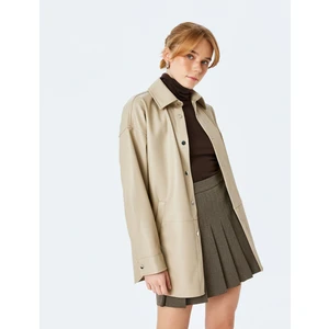 Çıtçıt Düğme Detaylı Uzun Kollu Cepli Suni Deri Gömlek Ceket