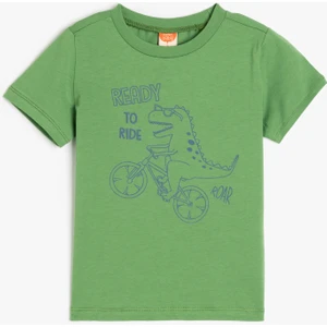 Bisiklet Yaka Kısa Kollu Pamuklu Dinozor Baskılı Tişört