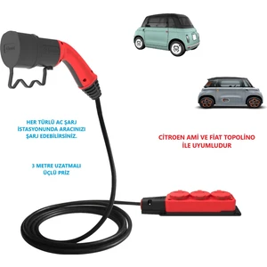 Citroen Ami ve Fiat Topolino, 3 Metre Uzatmalı, Ac Şarj Kablosu C2L ( Tekli-Ikili-Üçlü Priz Seçenekli)