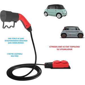 Citroen Ami ve Fiat Topolino, 3 Metre Uzatmalı, Ac Şarj Kablosu C2L ( Tekli-Ikili-Üçlü Priz Seçenekli)