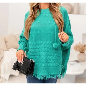 Kadın Kapüşonlu Ponpon Detay Triko Panço JB09114789