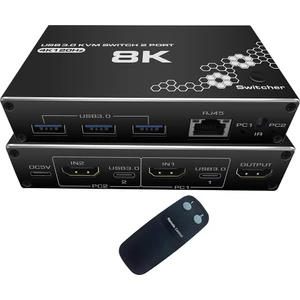 Kumandalı 2 Port 8k Hdmı+Usb3.0+Ethernet Kvm Switch 2 Bilgisayar 1 Monitör
