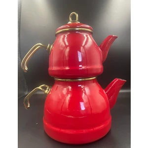 Emayye Büyük Boy 1. kalite Emaye Çaydanlık takımı- Kırmızı (gold rengi kulplu)