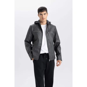 Slim Fit Suni Deri Mont Dar Kesim Kapüşonlu Fermuarlı R2523AZ25SP