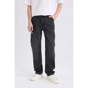 %100 Pamuk Relax Fit Rahat Kesim Geniş Paça Kargo Cepli Siyah Jean Pantolon E6694AX25SP