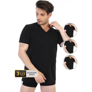 Çift Kaplan Erkek Süprem V Yaka Siyah T-Shirt 945 3'lü Ekonomik Paket