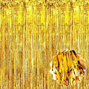 70728633 Altın Gold Renk Ekstra Metalize Parlak Saçaklı Arka Fon Perde Ithal 1x2 Metre