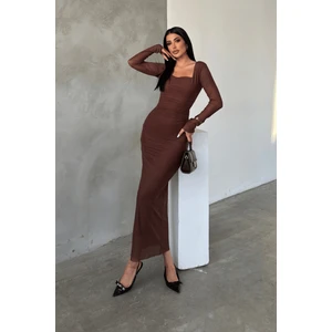 Tül Kumaş Büzgü Detaylı Kalem Elbise - Taba